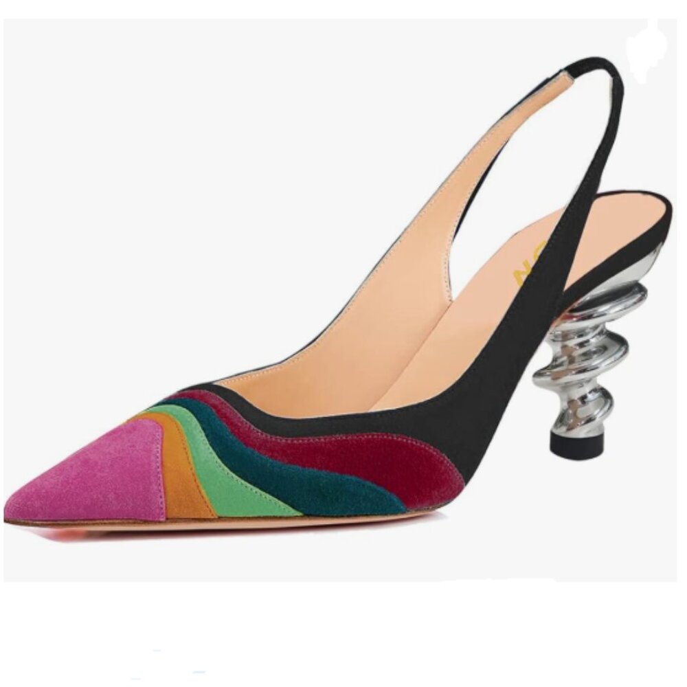 YDN Rainbow Trendy Metallic Spiral Heels Slip On Sandals Slingback Elastic Pumps